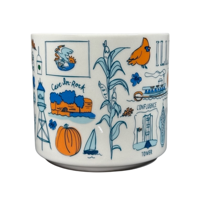 Illinois Starbucks Been There mug featuring orange and blue Illinois landmarks and symbols on white ceramic