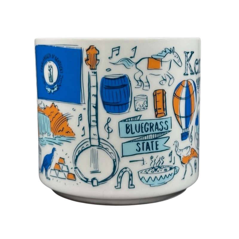 Kentucky Starbucks Been There mug featuring state-themed illustrations in blue and orange