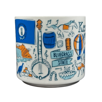 Kentucky Starbucks Been There mug featuring state-themed illustrations in blue and orange