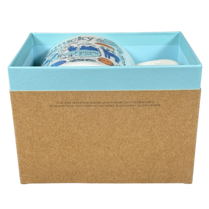 Kentucky Starbucks Been There mug in blue and white with Kentucky landmarks inside a blue and brown gift box