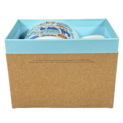 Kentucky Starbucks Been There mug in blue and white with Kentucky landmarks inside a blue and brown gift box