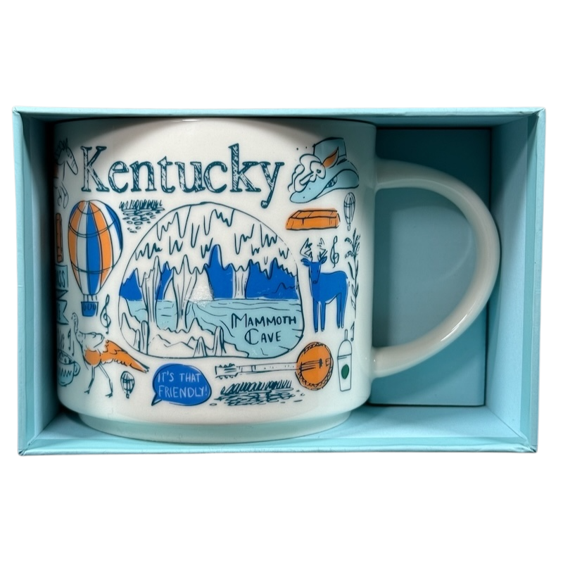 Kentucky Starbucks Been There mug with state-themed illustrations in a light blue box