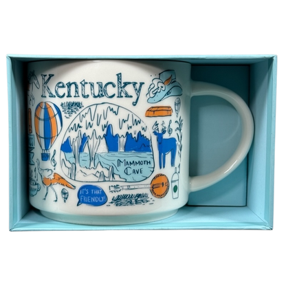 Kentucky Starbucks Been There mug with state-themed illustrations in a light blue box