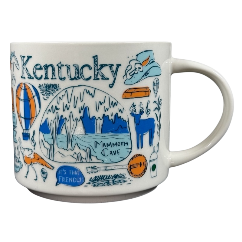 Kentucky Starbucks Been There mug featuring Mammoth Cave and state-themed illustrations in blue and orange