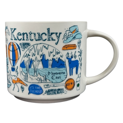 Kentucky Starbucks Been There mug featuring Mammoth Cave and state-themed illustrations in blue and orange