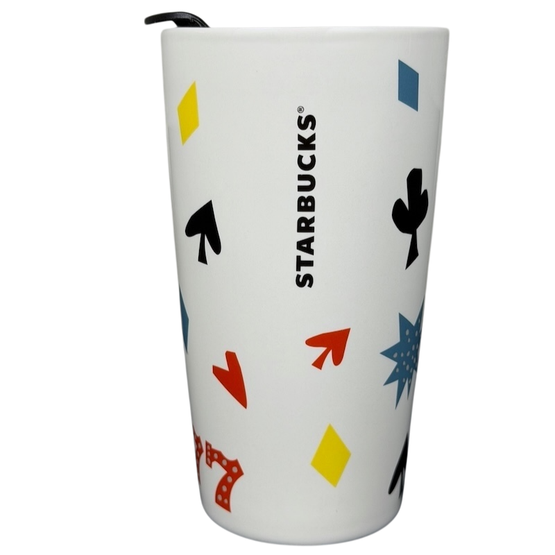 Starbucks Las Vegas 777 Tumbler featuring colorful casino-themed designs and a sleek white finish