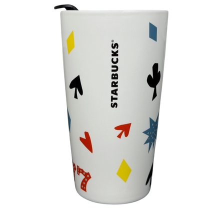 Starbucks Las Vegas 777 Tumbler featuring colorful casino-themed designs and a sleek white finish