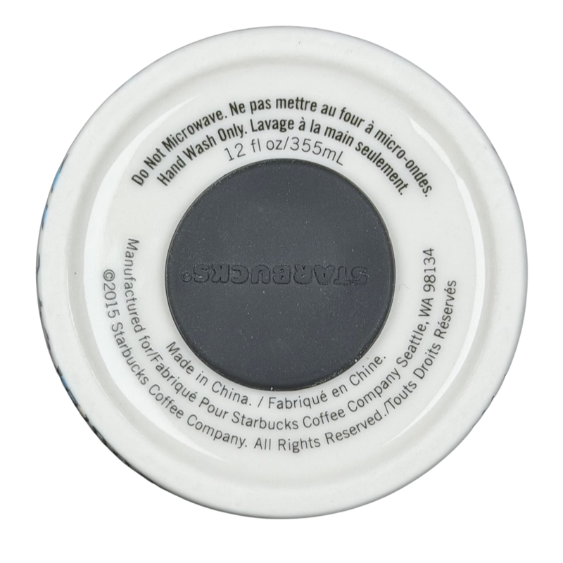 Bottom view of Starbucks Las Vegas collectible tumbler with care instructions and capacity details