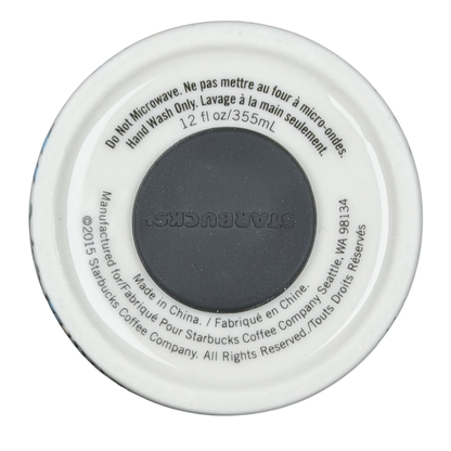 Bottom view of Starbucks Las Vegas collectible tumbler with care instructions and capacity details