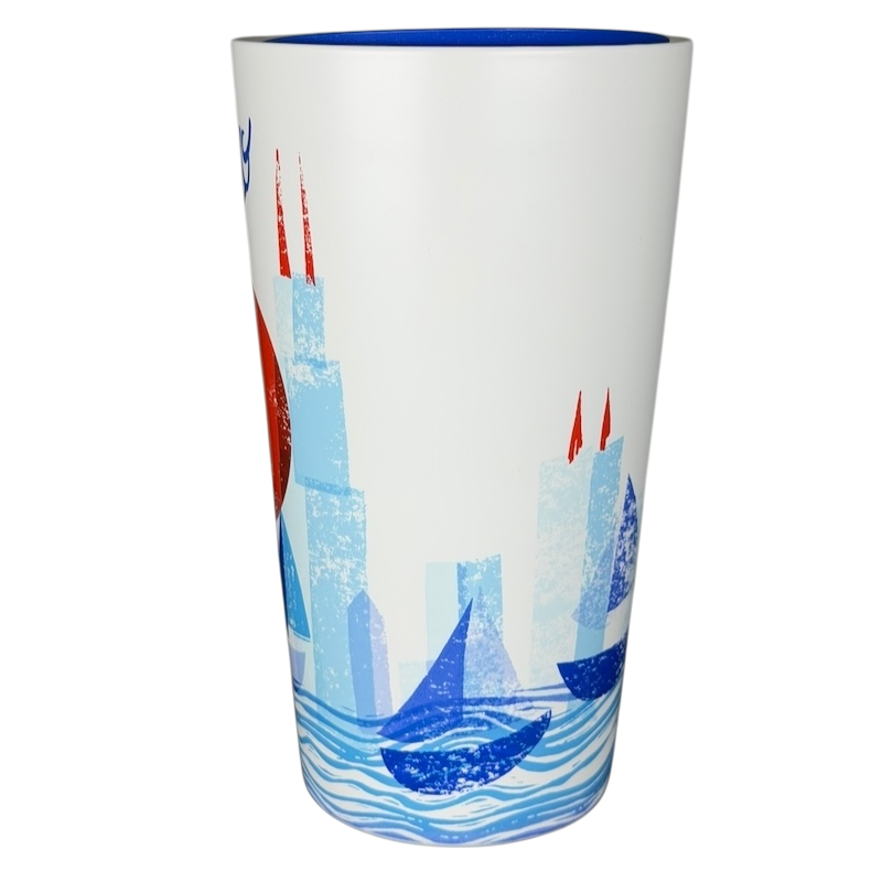Starbucks Local Collection Chicago tumbler featuring a colorful skyline and sailboats design