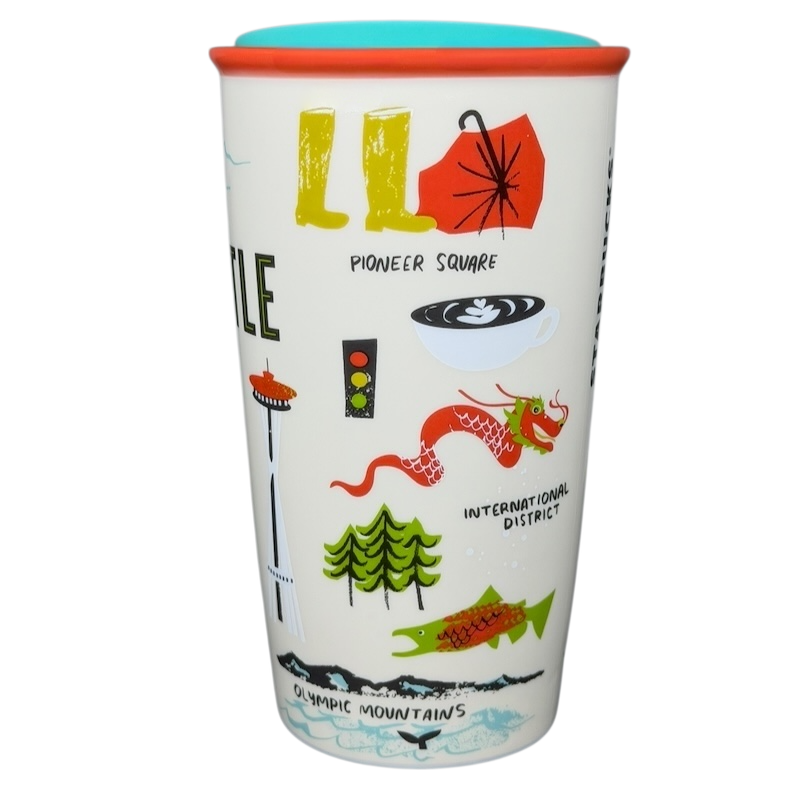 Starbucks Local Collection Seattle tumbler featuring colorful illustrations of iconic Seattle landmarks
