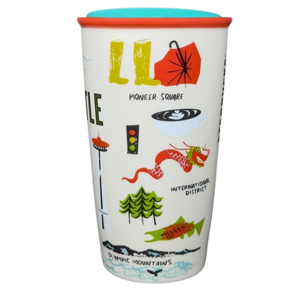 Starbucks Local Collection Seattle tumbler featuring colorful illustrations of iconic Seattle landmarks