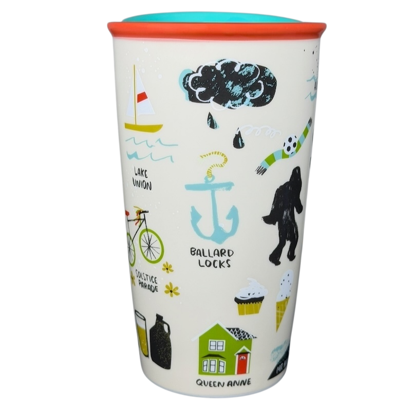 Starbucks Local Collection Seattle tumbler featuring vibrant illustrations of the Seattle skyline and landmarks