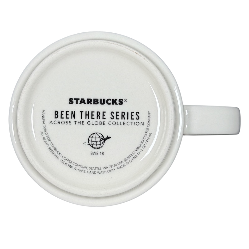 Bottom view of Starbucks Los Angeles holiday Been There Series mug showing logo and collection details