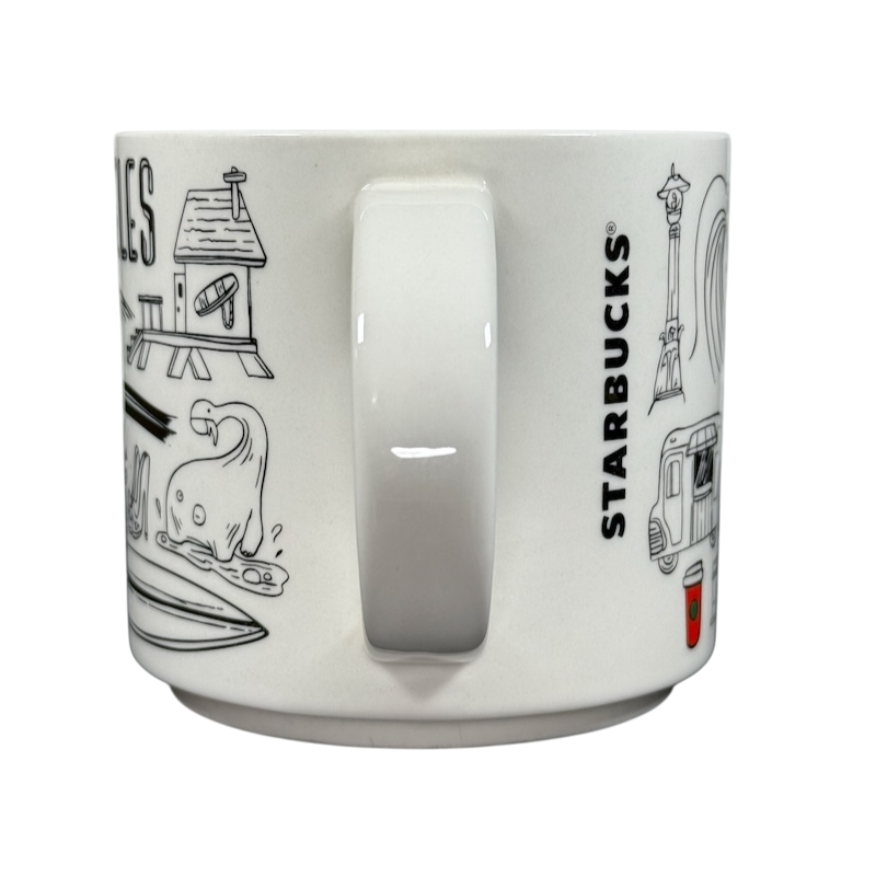 Starbucks Los Angeles holiday Been There Series mug with black and white city illustrations and red Starbucks cup detail