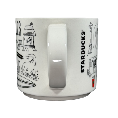 Starbucks Los Angeles holiday Been There Series mug with black and white city illustrations and red Starbucks cup detail
