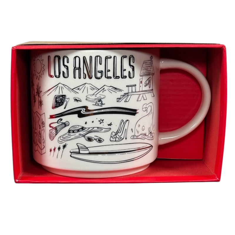 Starbucks Los Angeles holiday Been There Series mug with LA landmarks and icons in red gift box