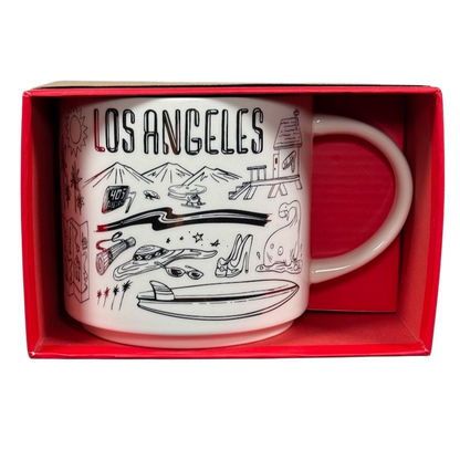 Starbucks Los Angeles holiday Been There Series mug with LA landmarks and icons in red gift box