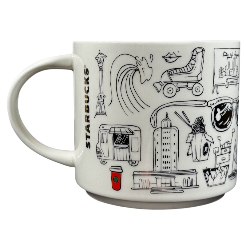 Starbucks Los Angeles holiday Been There Series mug with black and red city sketches on white ceramic