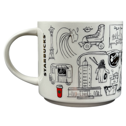 Starbucks Los Angeles holiday Been There Series mug with black and red city sketches on white ceramic