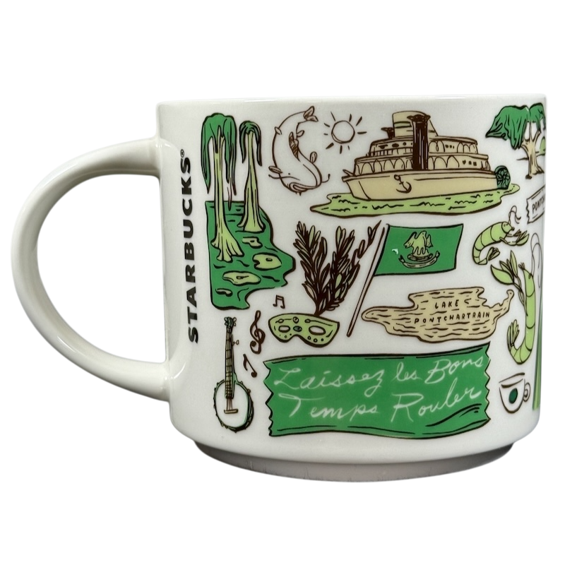 Starbucks Louisiana Been There mug featuring hand-drawn Louisiana landmarks and symbols
