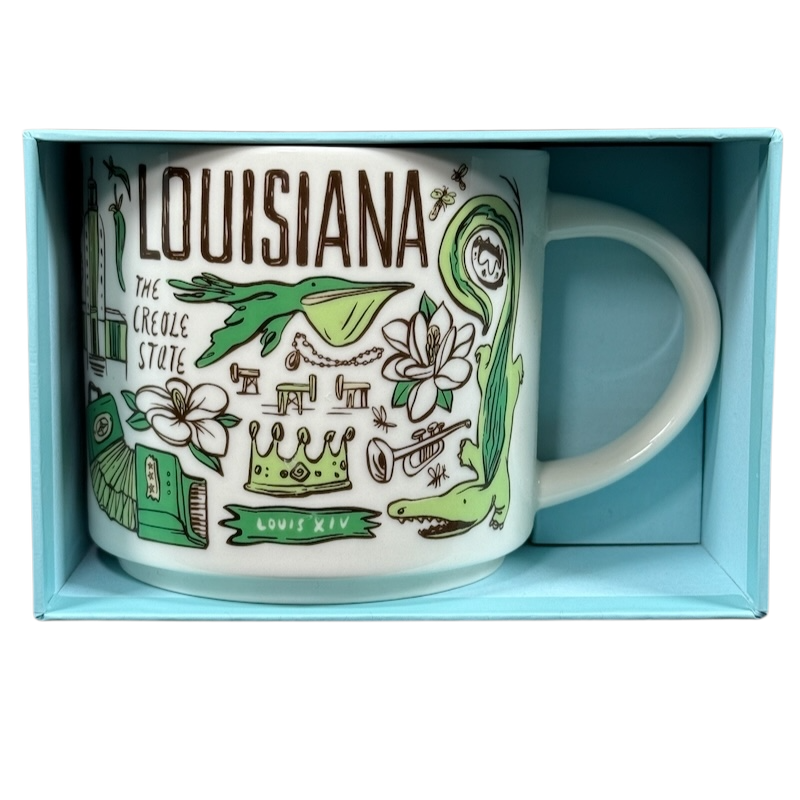 Starbucks Louisiana Been There mug with green alligator and Louisiana state design in blue box