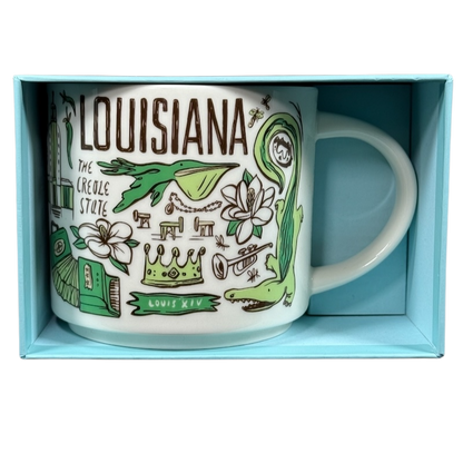 Starbucks Louisiana Been There mug with green alligator and Louisiana state design in blue box