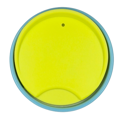 Top view of the Starbucks Magnolia Flowers Blue Tumbler with a bright yellow lid