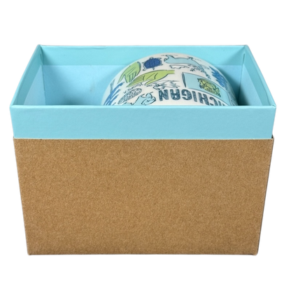 Starbucks Michigan Been There mug with state-themed illustrations partially visible in blue and brown gift box