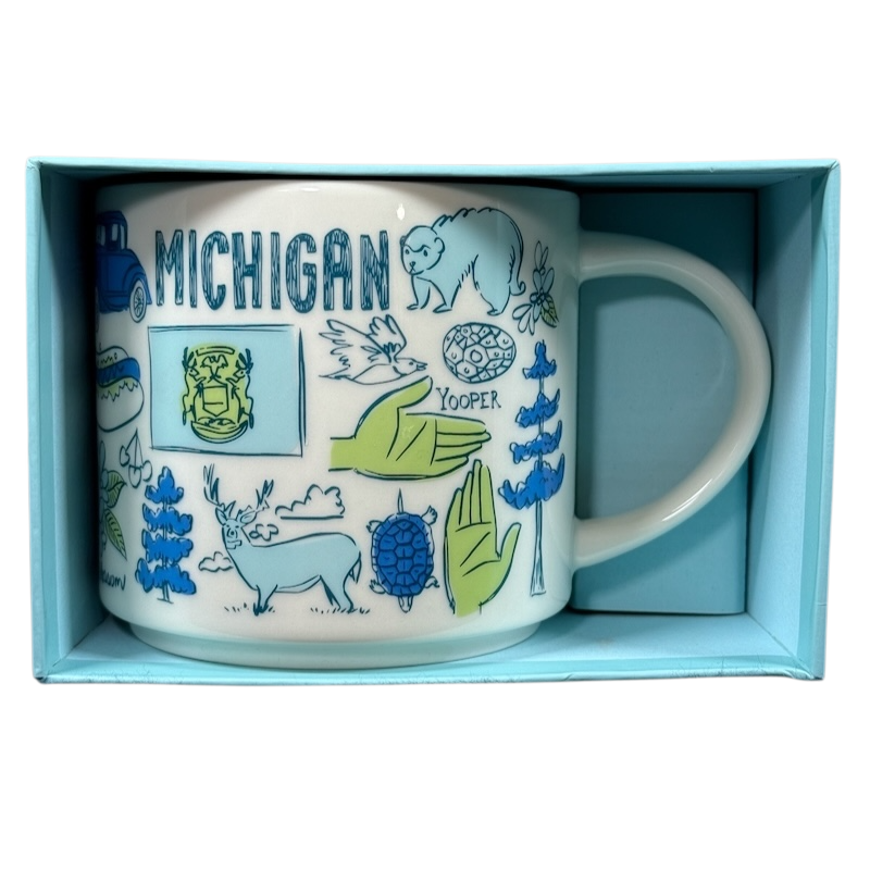 Starbucks Michigan Been There mug featuring state-themed illustrations in blue and green colors