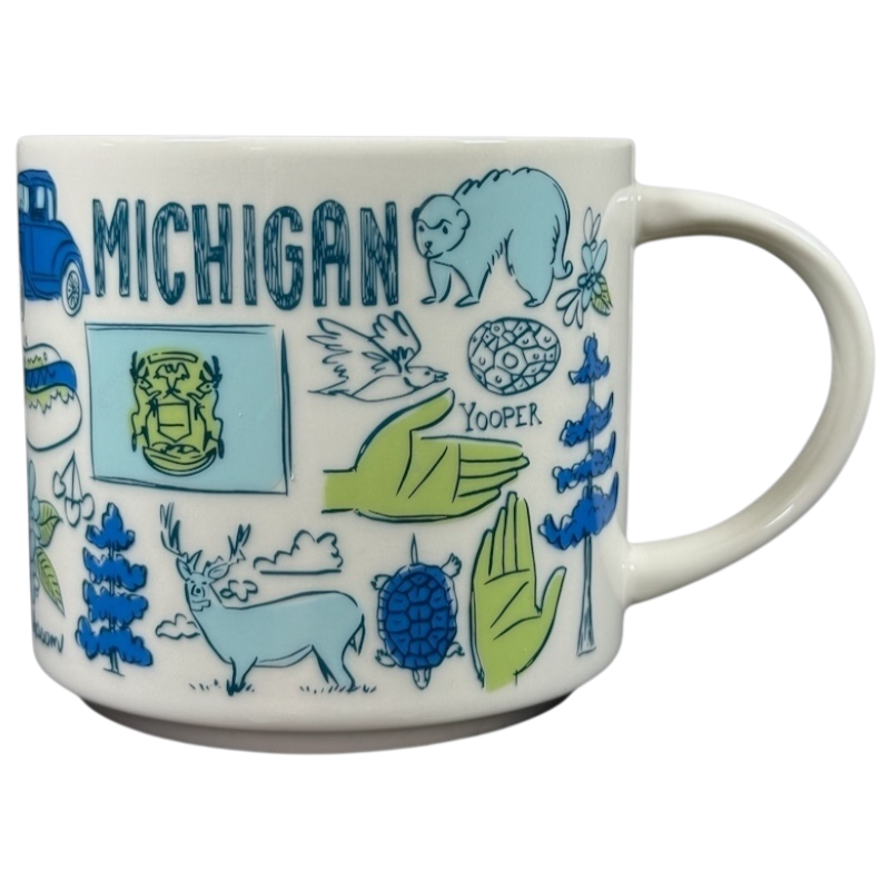 Starbucks Michigan Been There mug featuring hand-drawn state icons and symbols in blue and green