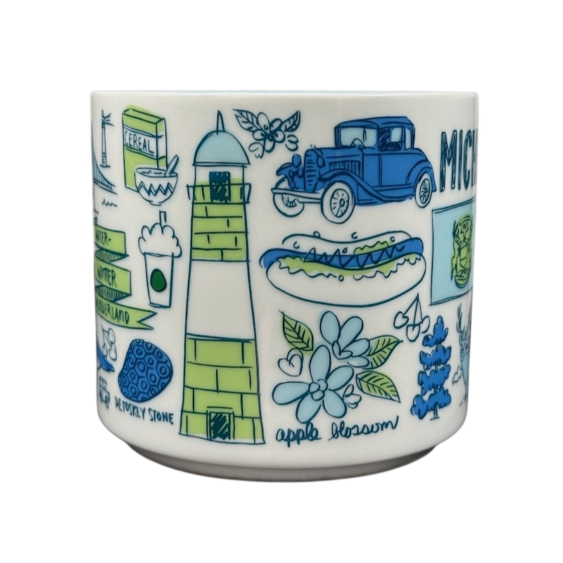 Starbucks Michigan Been There mug featuring green lighthouse, vintage blue car, apple blossom, and local icons