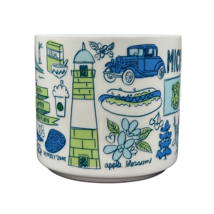Starbucks Michigan Been There mug featuring green lighthouse, vintage blue car, apple blossom, and local icons