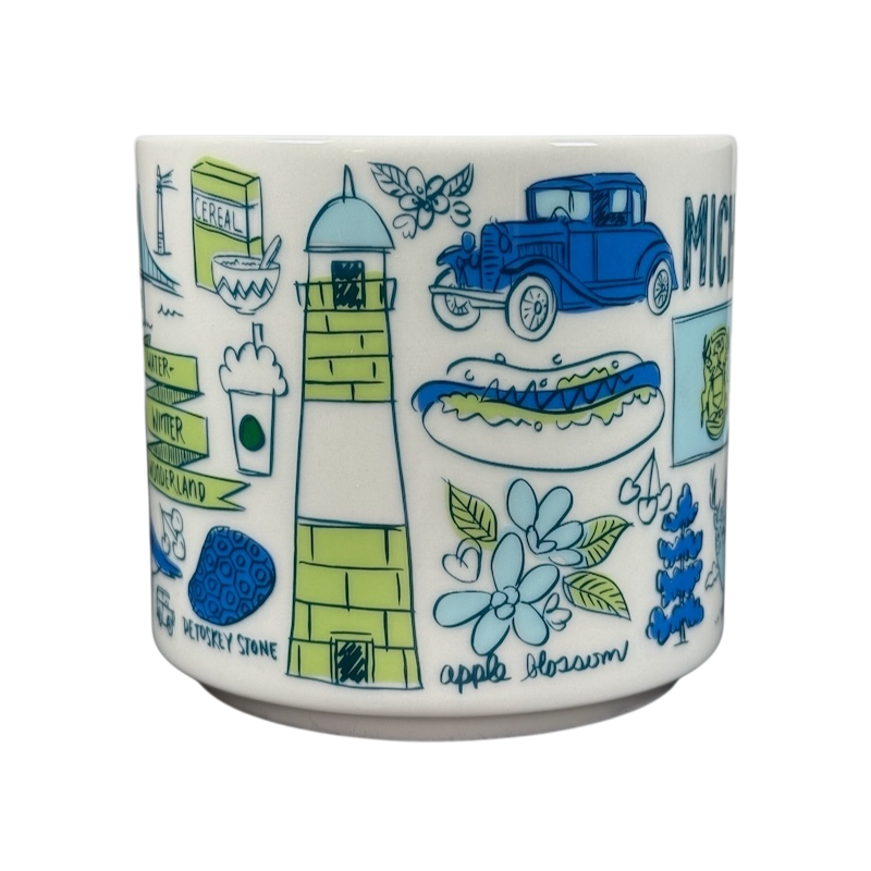 Starbucks Michigan Been There mug featuring green lighthouse blue car and local Michigan icons