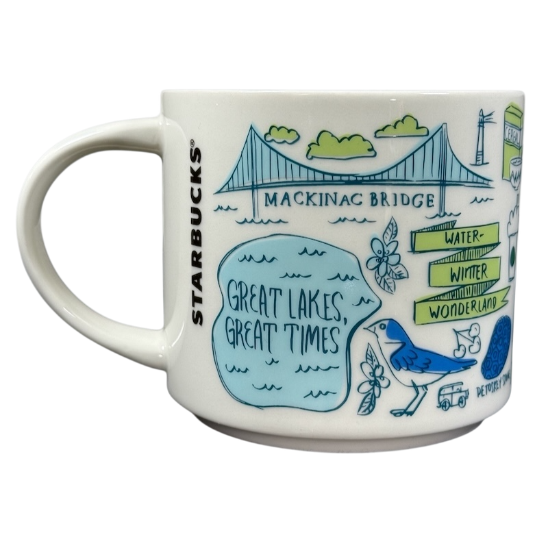 Starbucks Michigan Been There mug featuring Mackinac Bridge and Great Lakes themed illustrations