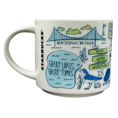 Starbucks Michigan Been There mug featuring Mackinac Bridge and Great Lakes themed illustrations
