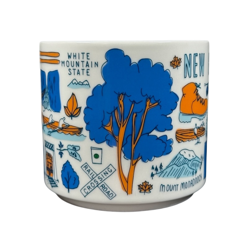 Starbucks New Hampshire Been There mug with blue tree and orange hiking illustrations