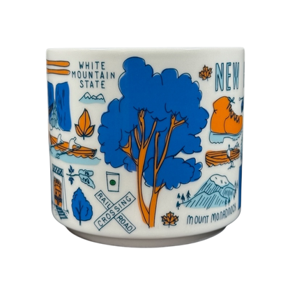 Starbucks New Hampshire Been There mug with blue tree and orange hiking illustrations