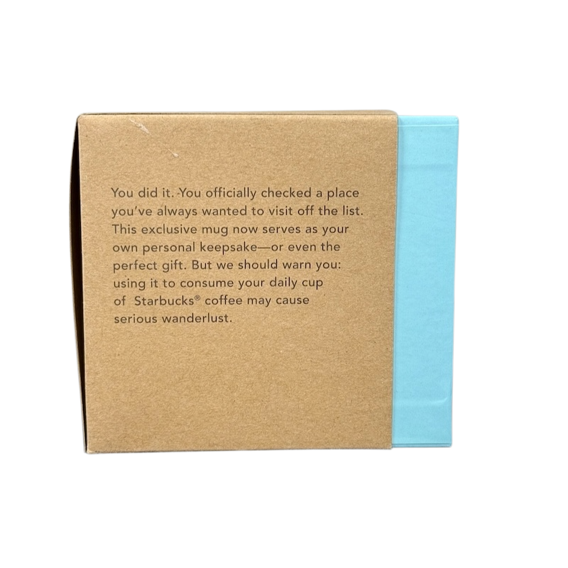 Starbucks New Hampshire Been There mug packaging with a travel keepsake description on a brown box