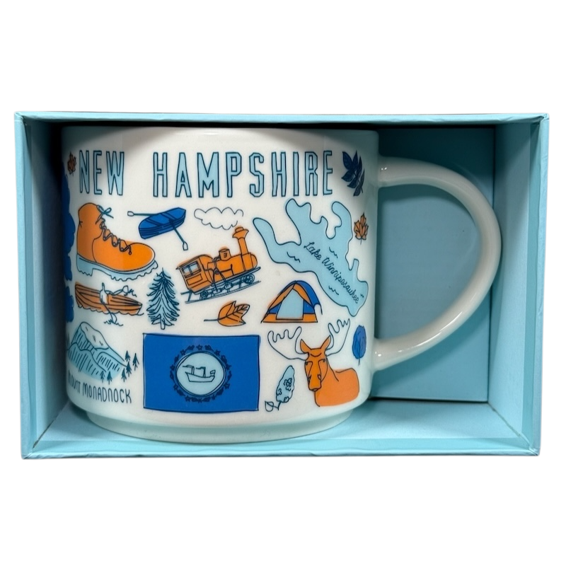 Starbucks New Hampshire Been There mug featuring state icons and landmarks in a blue gift box