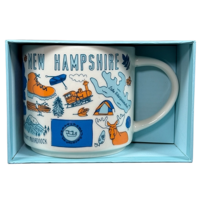 Starbucks New Hampshire Been There mug featuring state icons and landmarks in a blue gift box