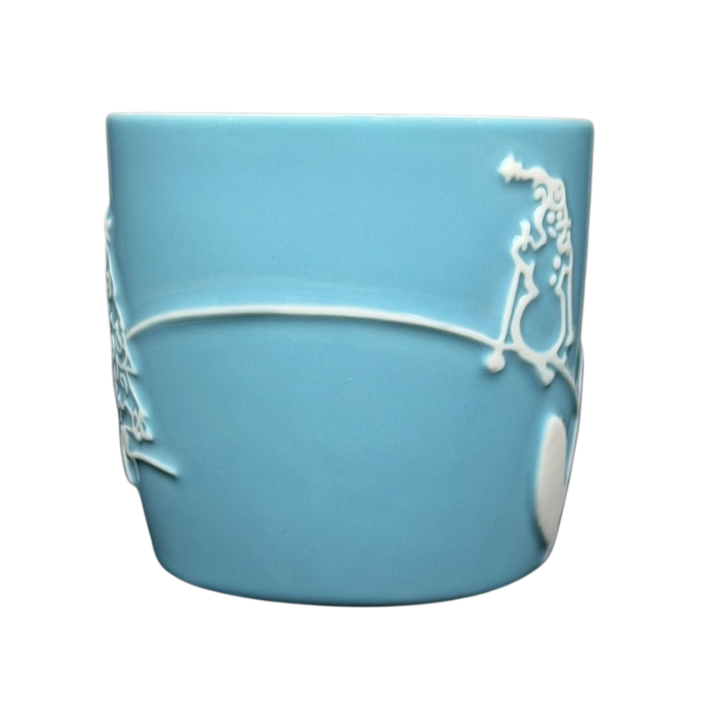 Starbucks penguin snowman skiing vintage mug in light blue with unique embossed design