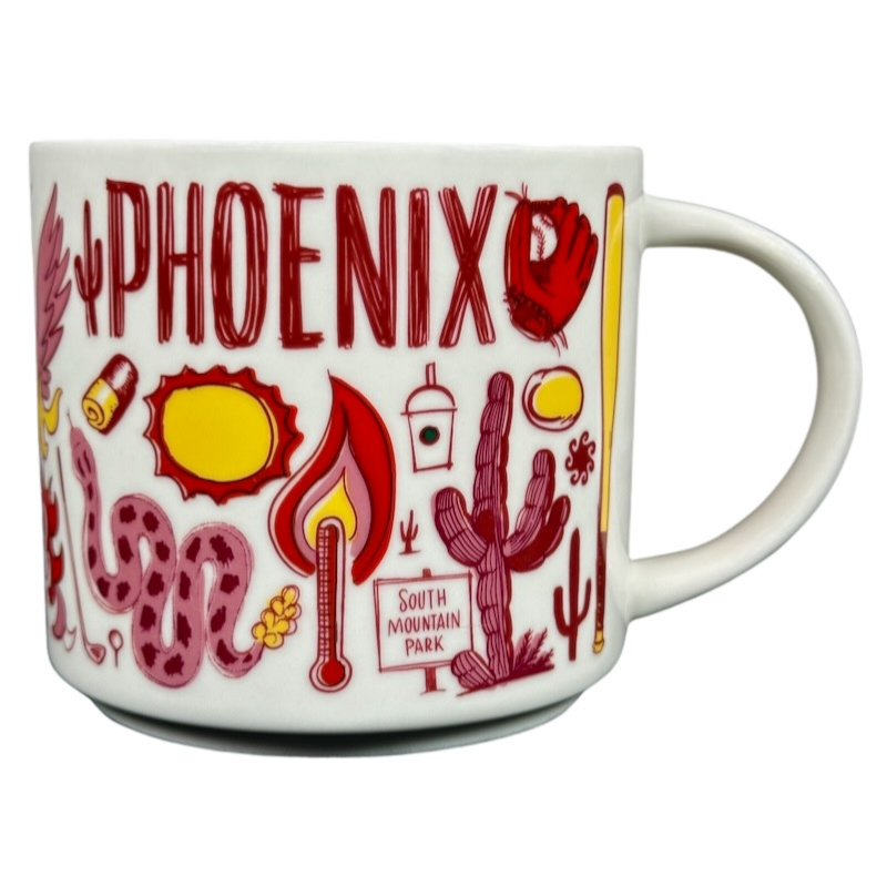 White ceramic Starbucks Phoenix Been There mug with red and yellow desert-themed illustrations