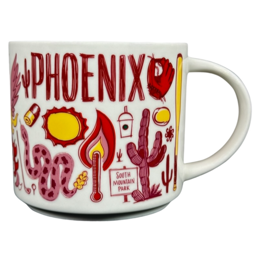 White ceramic Starbucks Phoenix Been There mug with red and yellow desert-themed illustrations