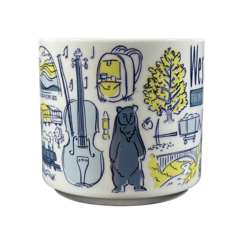 Rare Starbucks 2019 West Virginia mug featuring state-themed illustrations including a bear, violin, and nature elements