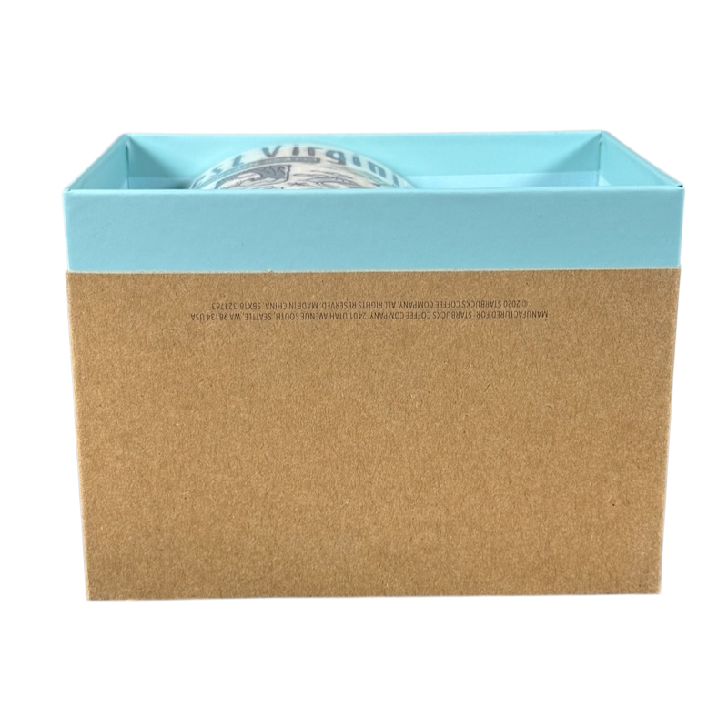 Rare Starbucks 2019 West Virginia mug partially visible in blue and brown gift box