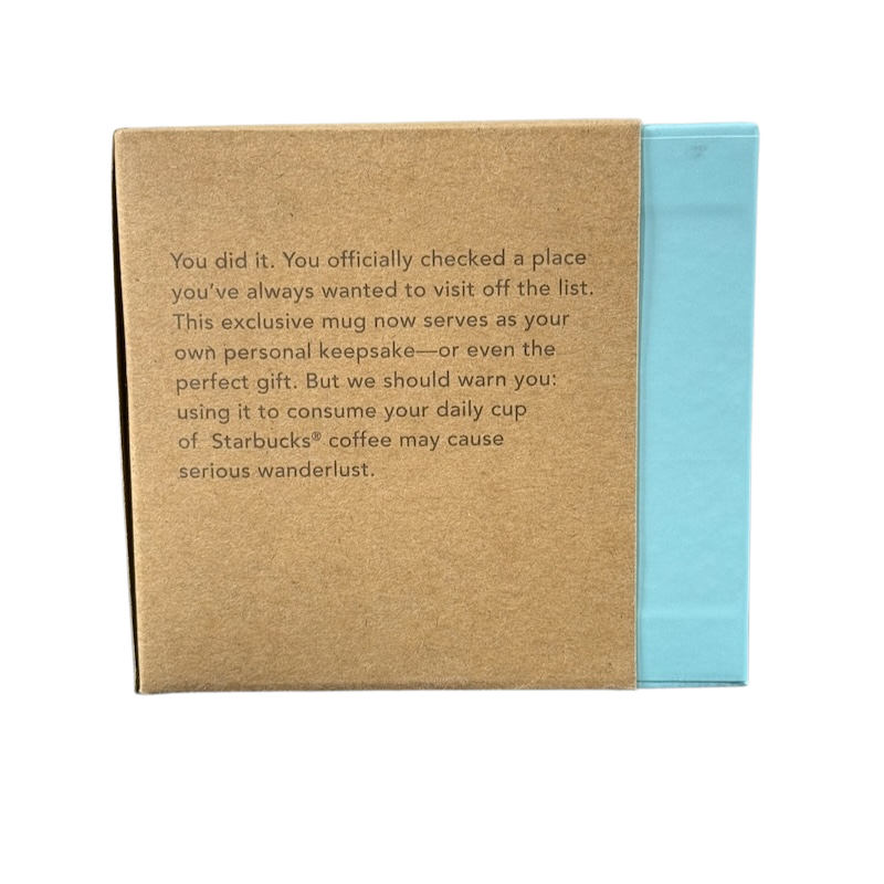 Cardboard packaging with text for rare Starbucks 2019 West Virginia mug describing its keepsake and gift value