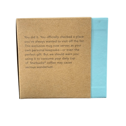 Cardboard packaging with text for rare Starbucks 2019 West Virginia mug describing its keepsake and gift value