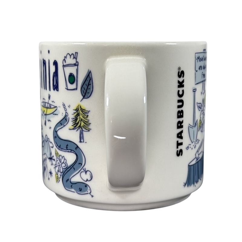 Rare Starbucks 2019 West Virginia mug featuring illustrated state landmarks and Starbucks logo