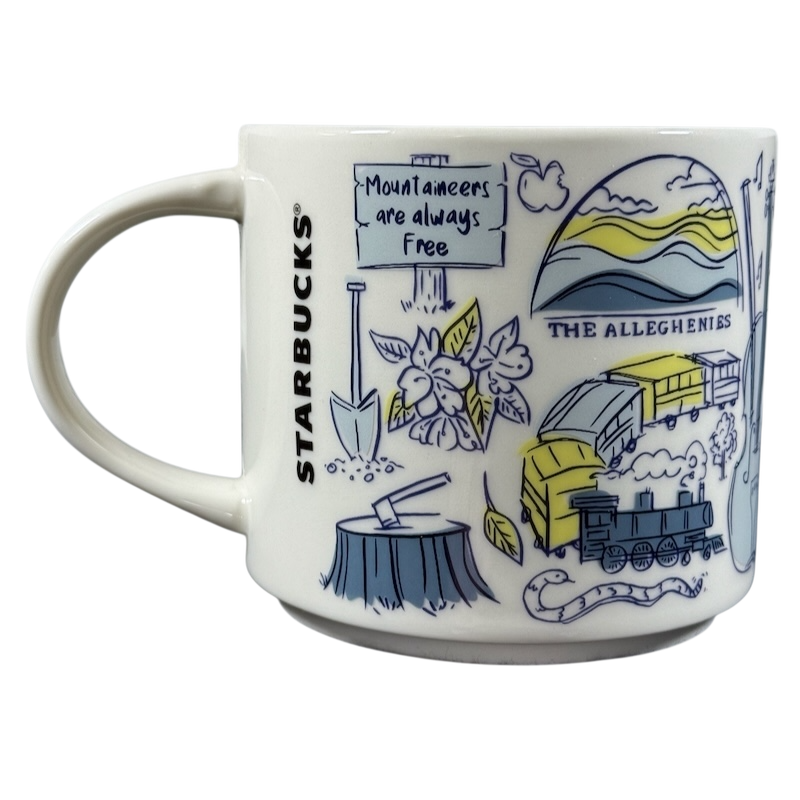 Rare Starbucks 2019 West Virginia mug with Mountaineers and train illustrations